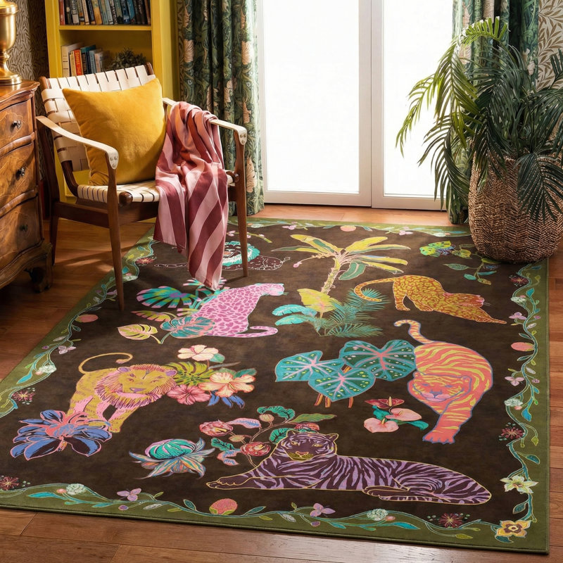 Oriental Animal Print with Tropical Botanical Floral Machine Washable Area Rug, Rectangle 6' x 9'