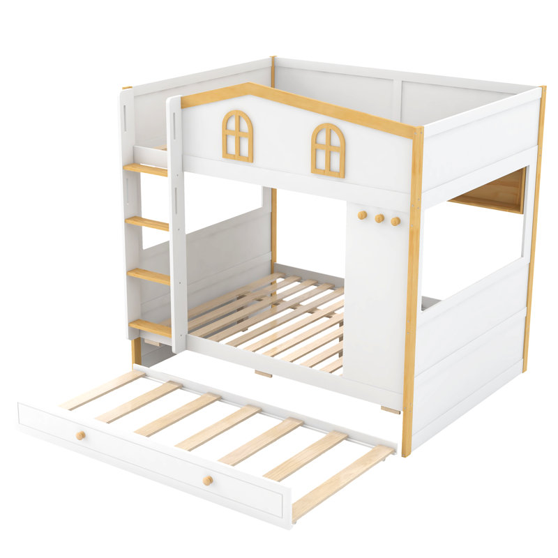 Lit superposé double au-dessus de double avec lit gigogne, garde-corps et tablettes de rangement, lit peu encombrant, blanc et naturel
