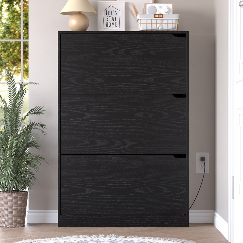 Deodorizing 3-Tier Tri-Fold Shoe Storage Cabinet | Flip-Fold Door Organizer in Black, Black