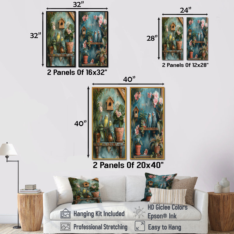 «Parakeets In A Flower Garden I» - ensemble d'art mural 2 pièces, Toile tendue, H 28 po x l 24 po