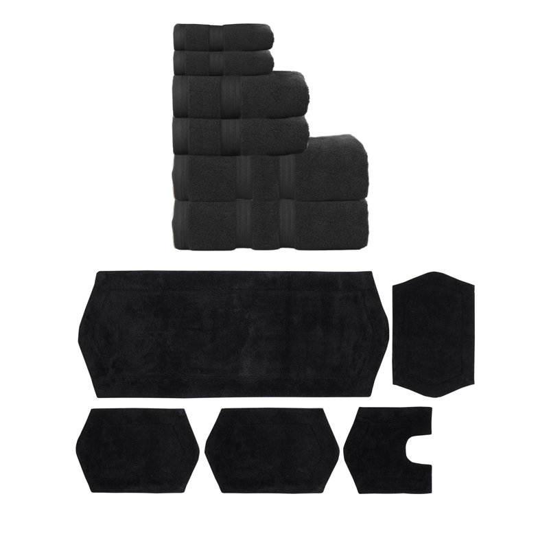 Bryd Collection 100% Soft Cotton 6 Pc Towel Set & 5 Pc Bath Rug Set, (Set of 11), Black