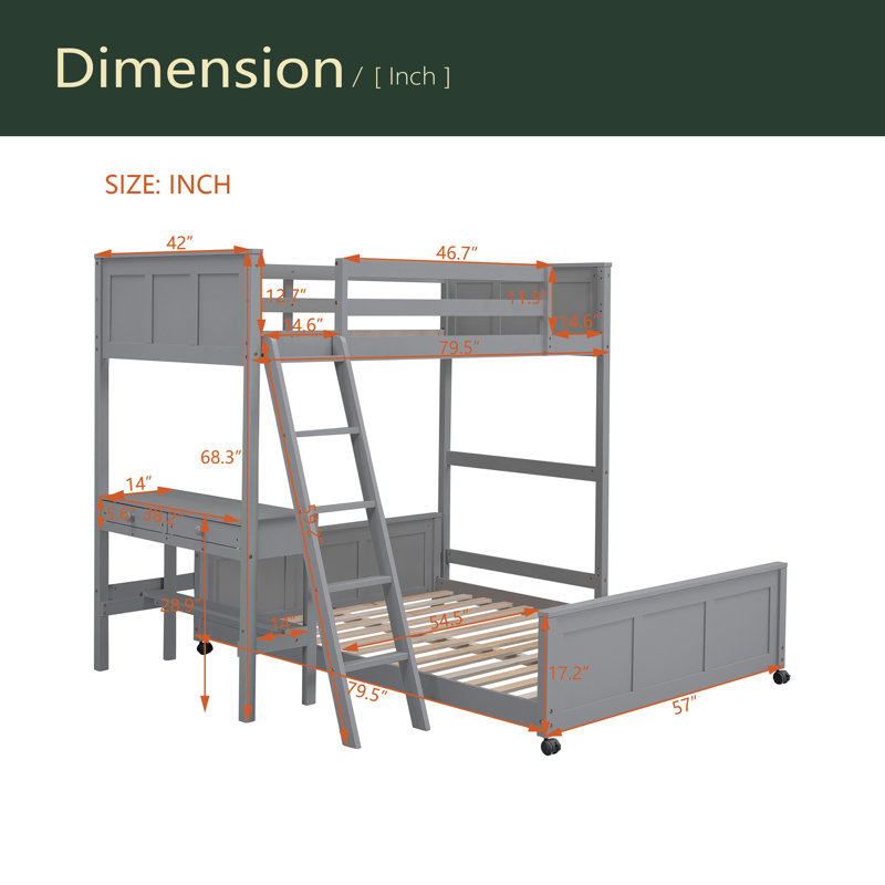 Lit superposé avec bureau, Gris, Simple sur simple