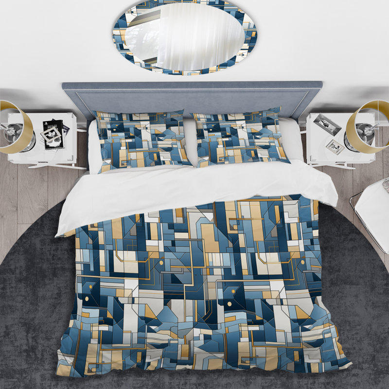 Earthy Cobalt Blue And Beige Mosaic Geometric - Ensemble de housse de couette géométrique