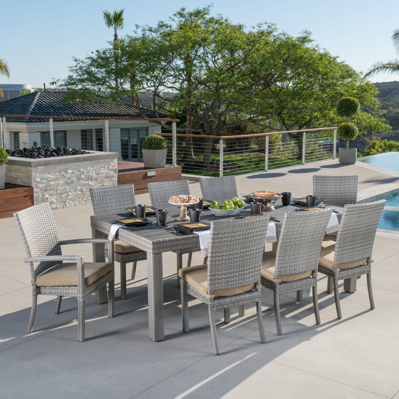 Fionnula 8-Person Rectangular Patio Dining Set with Sunbrella Cushions, Gray Frame/Maxim Beige Cushion