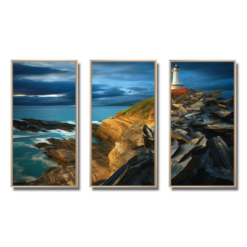 Coastal Lighthouse Guard III - art mural de phare de plage, Cadre flottant brun, H 40 po x l 61 po x P 1 po