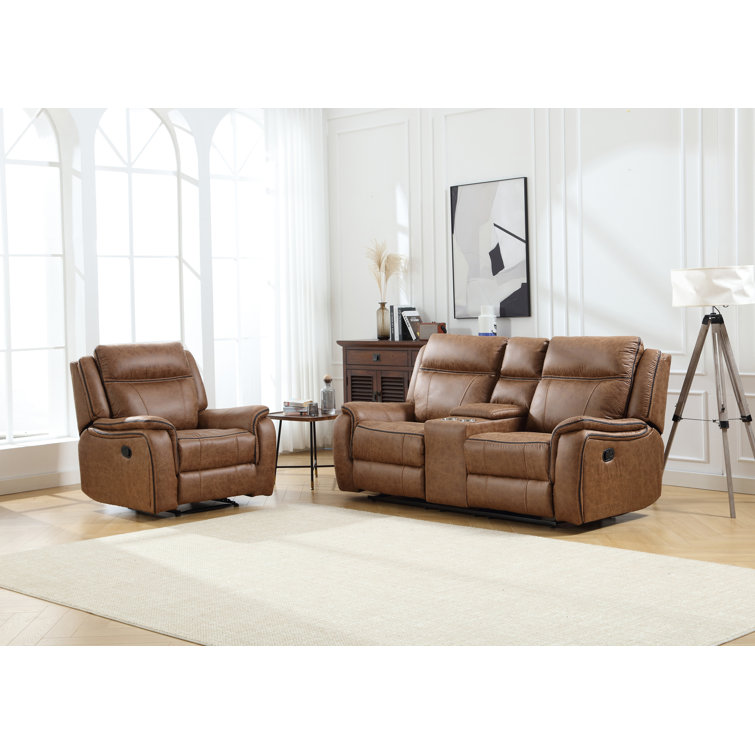 Caleb 2 Piece Microsuede Manual Reclining Living Room Set with Cupholder & Storage