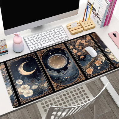 Tapis de bureau Céleste Lunaire Nature Tarot Carte Lune Florale Grand Tapis de Souris XXL 90 x 40 cm Tapis de bureau Botanique Nuit de Sorcière Tapis de souris Gaming Tapis de souris pour ordinateur portable Décoration de bureau Cadeau