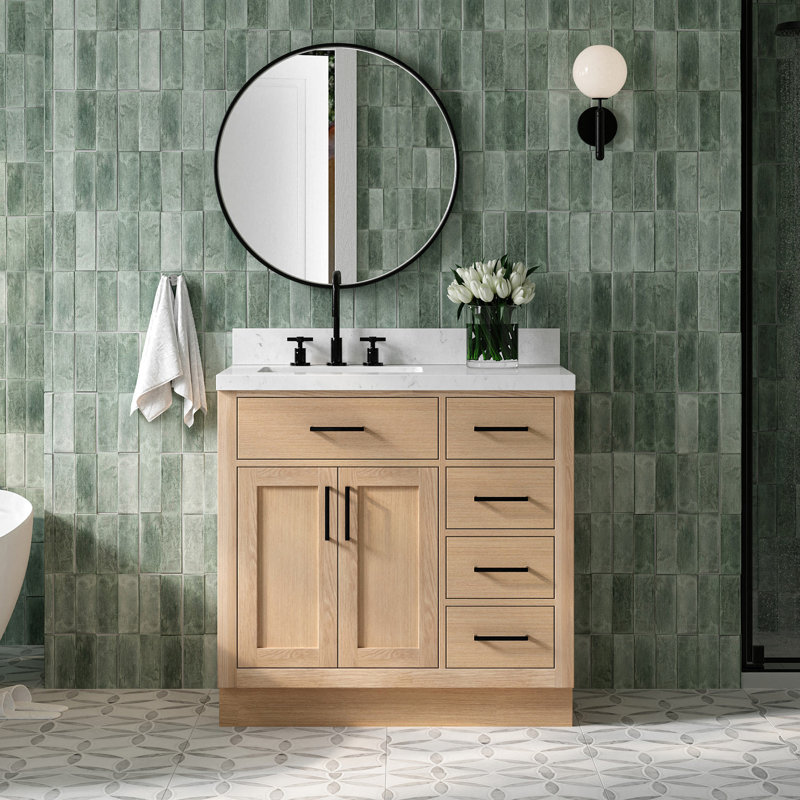 Tidworth 36'' Solid Wood Single Bathroom Vanity with 1.5'' Carrara Quartz Top, Natural Oak, Rectangular, Left