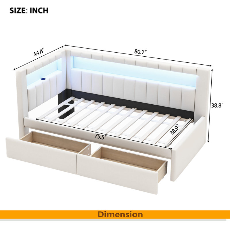 Lit plateforme tapissier simple avec ports USB et ceinture à DEL, avec 2 tiroirs, Blanc
