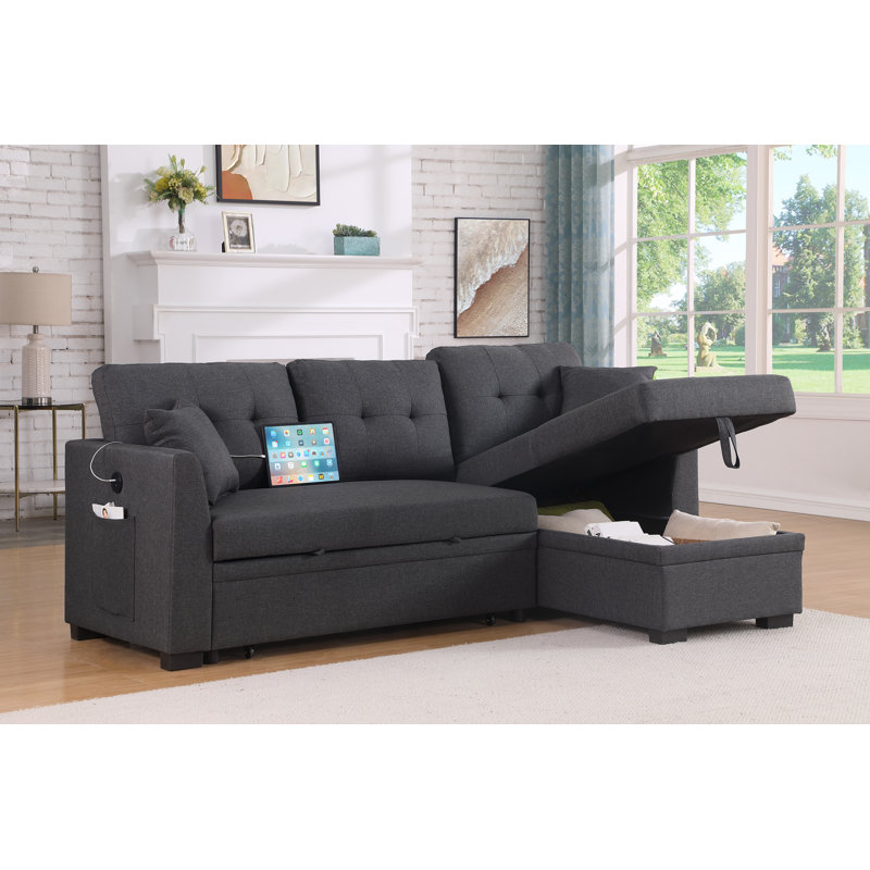 82" L-shape Reversible Linen Sleeper Sectional Sofa, With Pull Out Bed, Storage Chaise And Arms, Corner Couch For Apartment, Dorm, Living Room