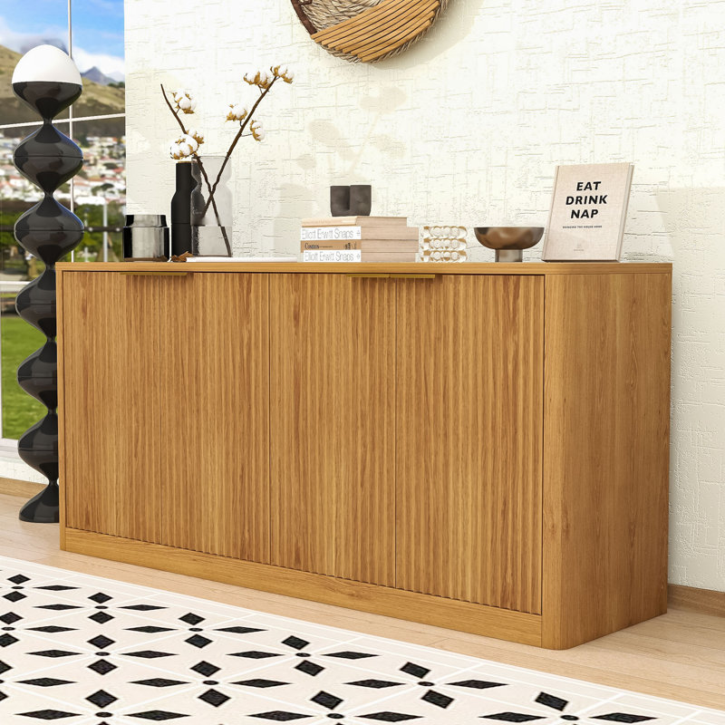 Modern Wave Design Sideboard Buffet Cabinet with 4-Door Hidden Storage, Natural