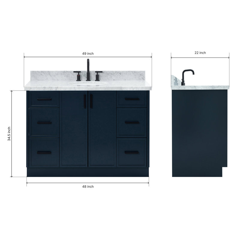 ARIEL Kelly 49 Single Sink Bathroom Vanity with Italian Carrara Marble Top, Midnight Blue, 49"