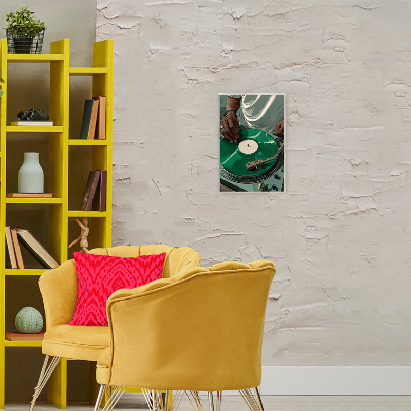 Plaque murale verte DJ Spinning, par Franklyn Gregory, 19 x 13