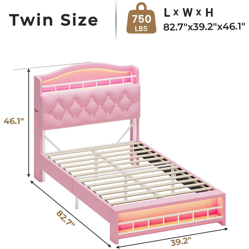 Princess Bed Frame With Led Lights And Charging Station, Velvet Upholstered Platform Bed With Headboard & Guardrail & Crystal Button