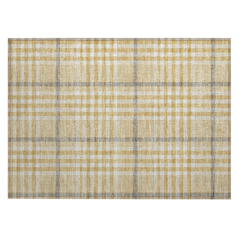 Gold Plaid Pattern Washable Synthetic Indoor/Outdoor Rug