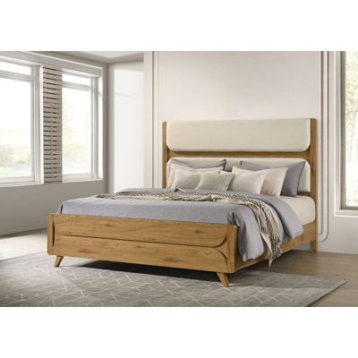 Wences Eastern King Mid-Century Upholstered Panel Bed, Cream and Light Oak