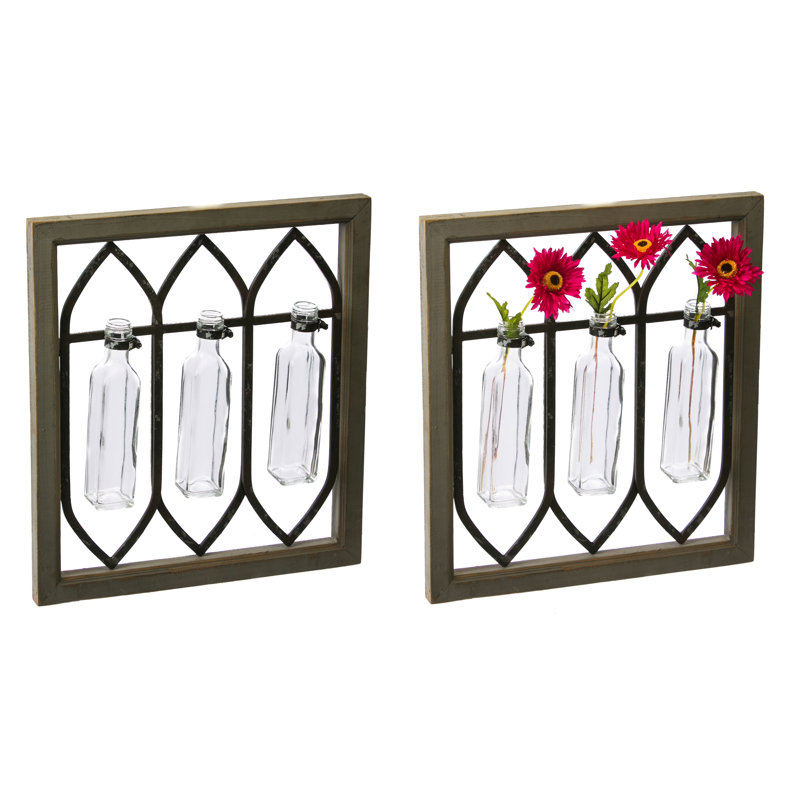 Panneau mural en bois avec vases en verre, ensemble de 2 panneaux avec 6 vases