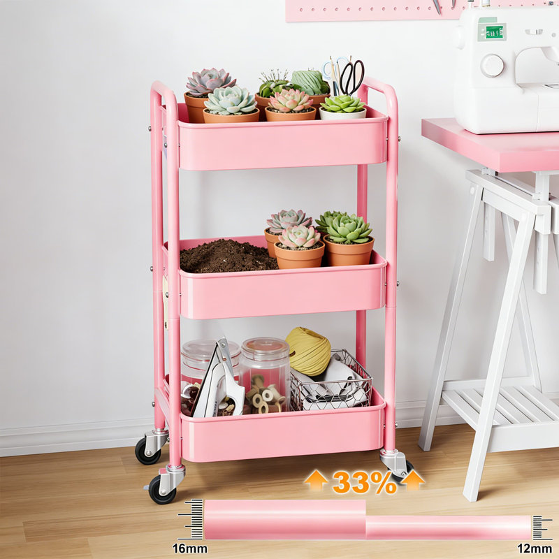 Chariot utilitaire roulant à 3 niveaux avec roulettes, organisateur de rangement en métal robuste avec tasses suspendues, crochets et paniers en filet pour la cuisine, la salle de bain, le bureau, la salle de bricolage et le chevet