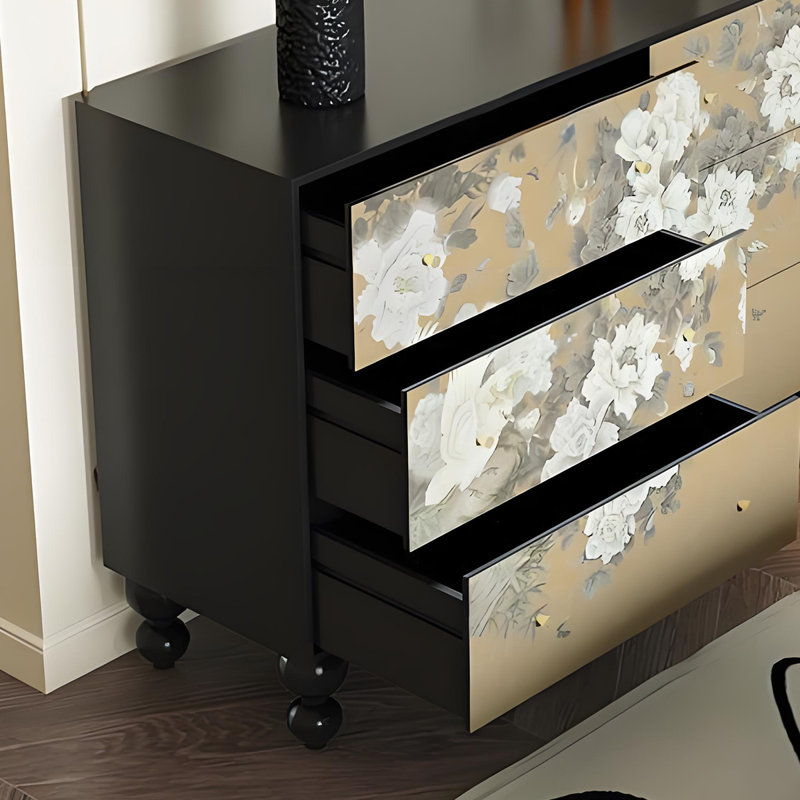 Armoire 6 tiroirs en bois massif au design rétro, Noir
