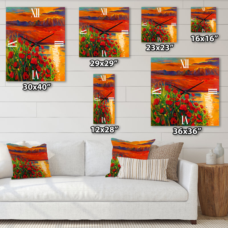 Horloge murale Red Poppies by the Ocean pendant le coucher du soleil, Petit