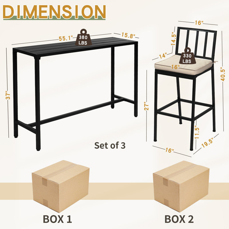 Black Steel Frame 3-Piece Metal Rectangular Outdoor Serving Bar Set With Beige Cushions
