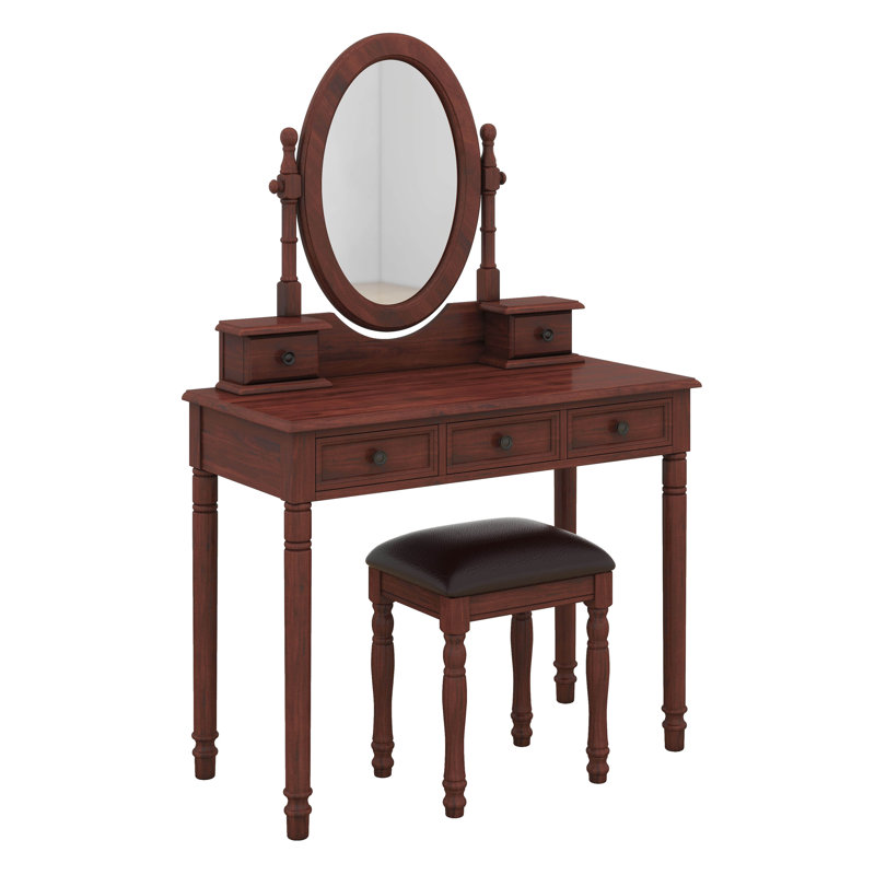 Ensemble de coiffeuse avec miroir à angle réglable, ensemble de coiffeuse et tabouret rembourré avec doublure en velours 5 tiroirs
