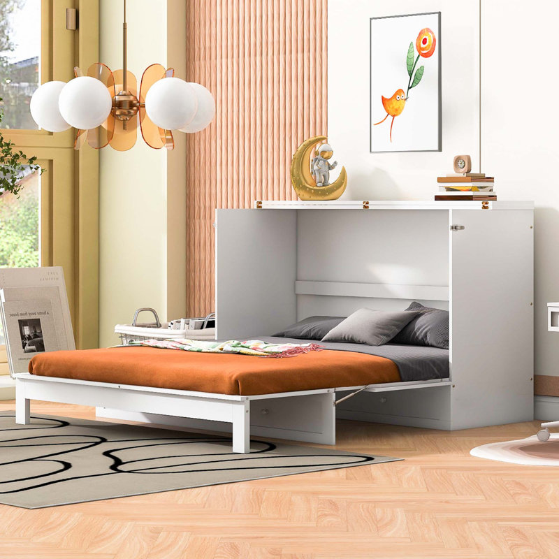 Murphy Bed With Large Drawers, White, Queen