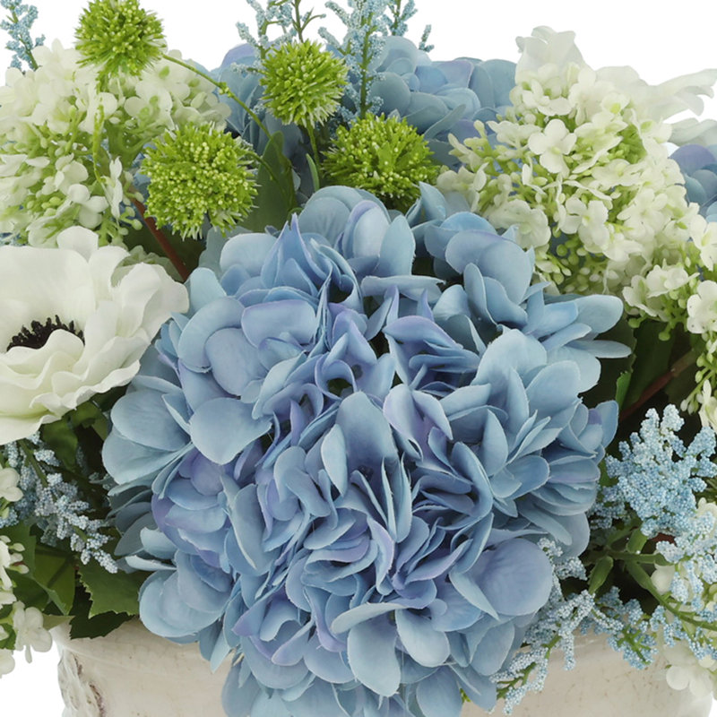 Hydrangeas, Viburnum and Astilbe Arranged in Ceramic Vase