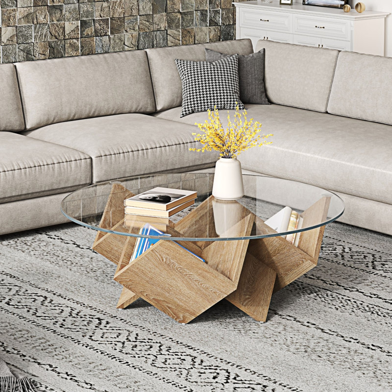 Table basse ronde avec plateau en verre, Transparent / naturel
