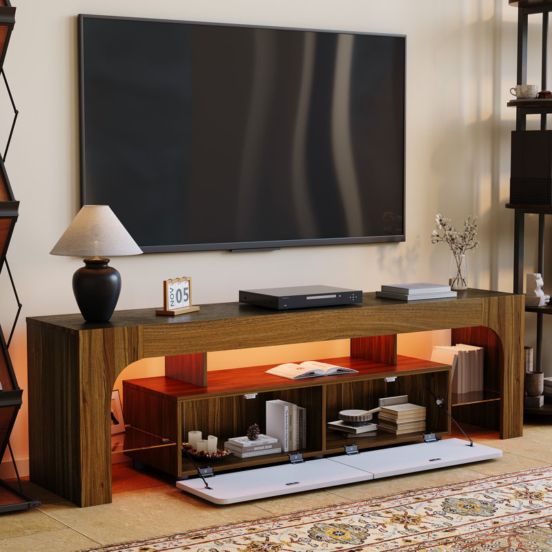 Meuble télé avec grand tiroir de rangement avec lumières DEL de couleur contrôle pour téléviseurs de 75 pouces, Brun