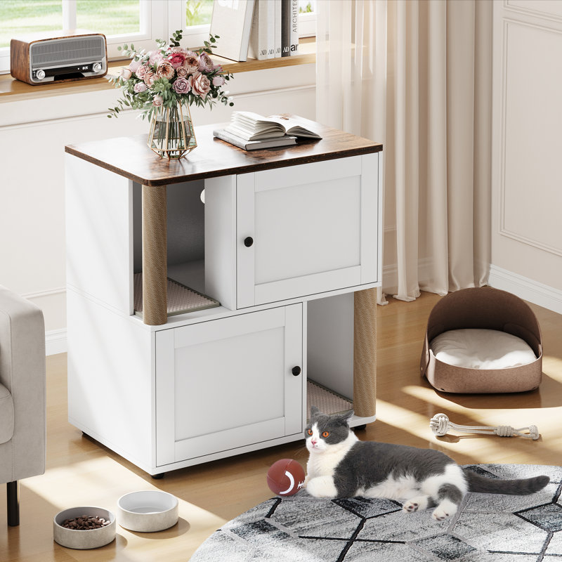 Double bac à litière pour chat, enceinte cachée avec poteaux en sisal et tapis, blanc