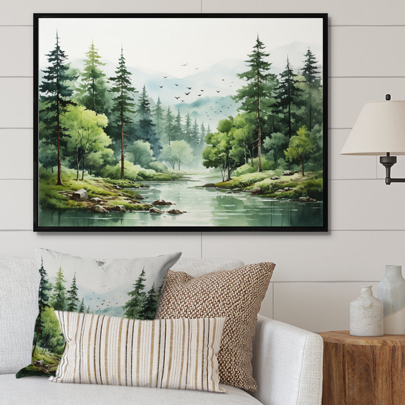 Tranquil Forêts, paysage I, art mural forêt pour le salon, Cadre flottant noir, H 16 po x l 32 po x P 1 po