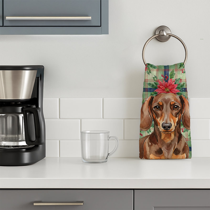 Chocolate and Tan Dachshund Christmas PoinsettIas Kitchen Towel, Chocolate/Tan Dachshund