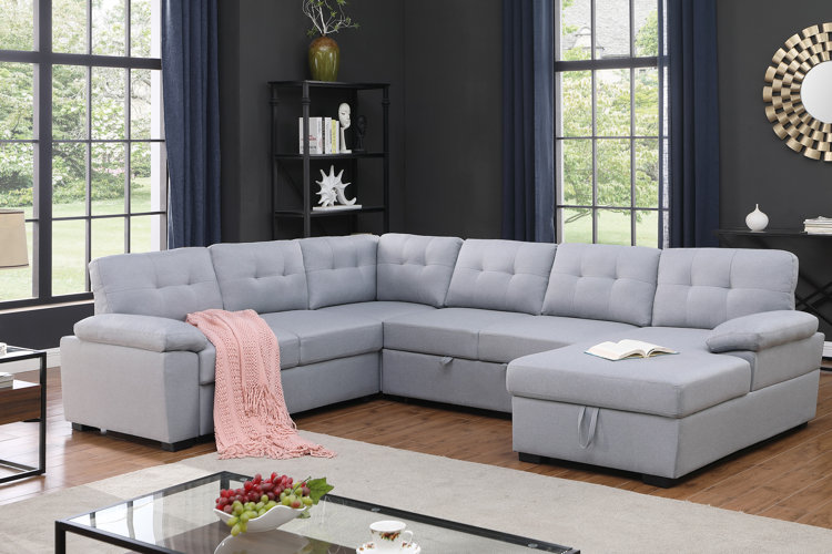 Aine 118" Wide Fabric Sectional Sleeper Sofa (Pull-Out Bed) With Storage Chaise in light gray micofiber