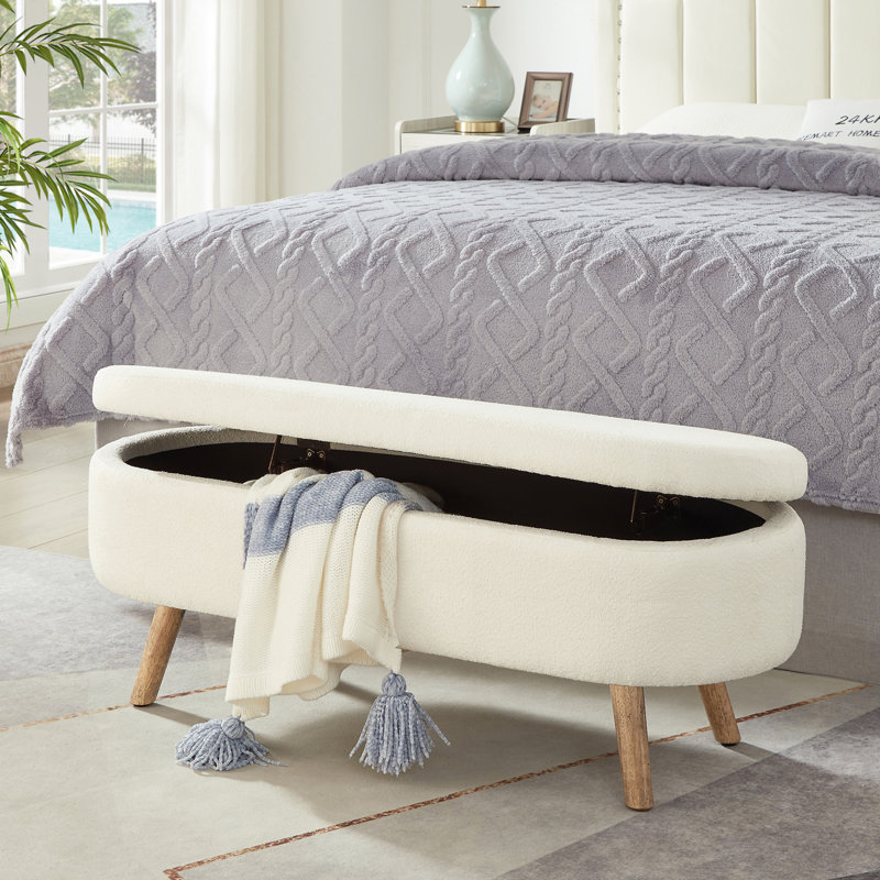 Luxury Oval Boucle Storage Ottoman Bench With Wood Legs 350Lb Weight Capacity & Safety Hinge(Only Includs Bench), Ivory