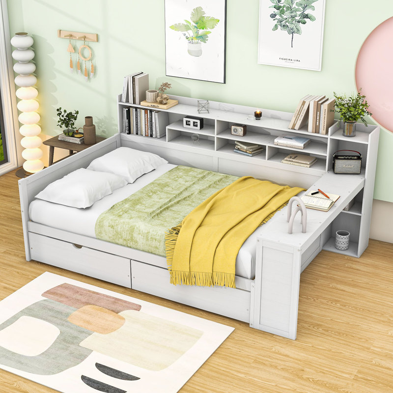 Wooden Daybed with Built-In Study Desk and Storage Drawers, Antique White, Full/Double