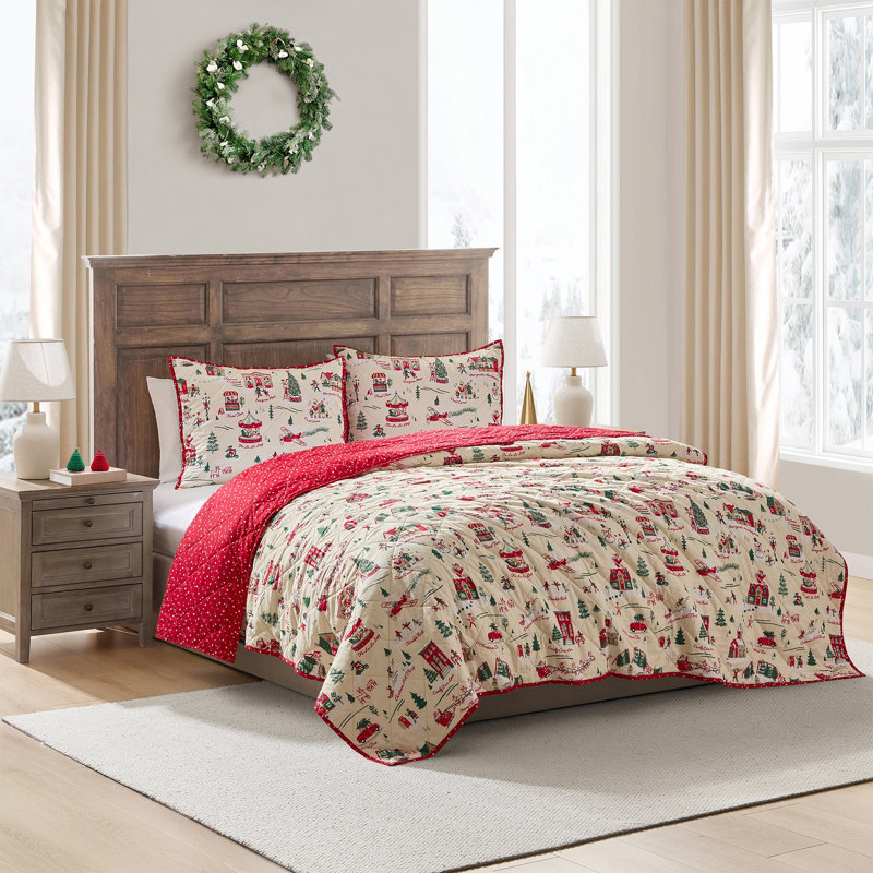 Hallmark Multi Christmas Village 3-Piece Holiday Quilt Set, Full/Queen, Queen Quilt + 2 Standard Shams, Beige/Red