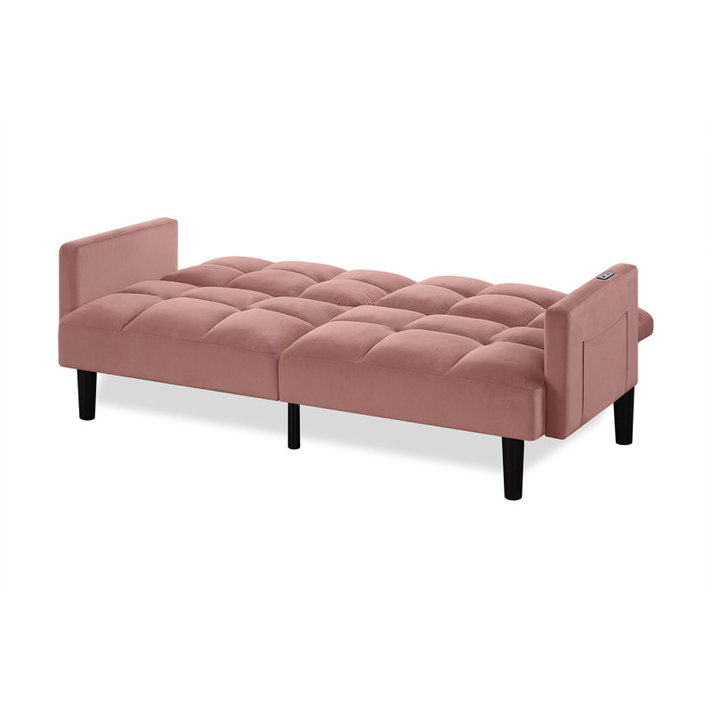 Velvet Futon Couch Convertible Folding Sofa Bed Tufted Couch For Apartment, Pink