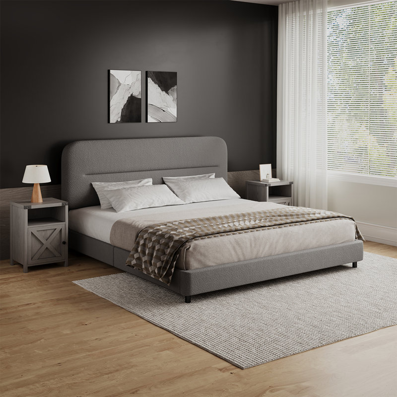 3 Piece Upholstered Bedroom Set,Bed Frame With Set Of 2 Nightstands, Gray/Gray, King