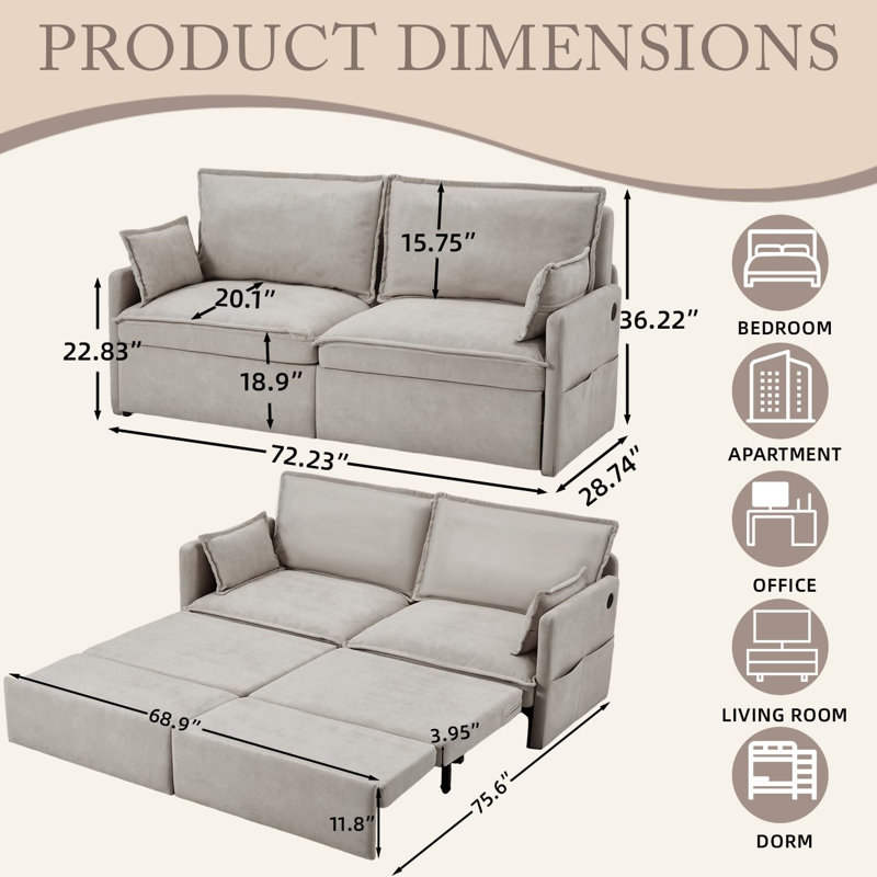 2 Seater Fabric Sofa Bed, Grey