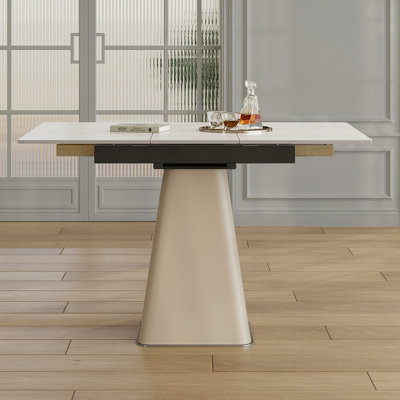 Retractable Rock Slab Folding Dining Table, Modern Square Expandable Table With Leather-Wrapped Stainless Steel Base, Dual-Purpose Space Saving Kitchen Table