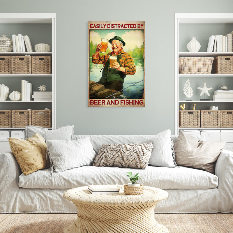 "Easily Distracted By Beer And Fishing" - 1 pièce, H 20 po x l 16 po x P 1,25 po