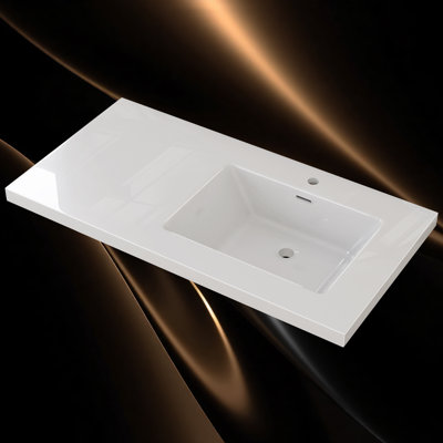 42'' W X 22'' D Solid Surface Vanity Top Drop-in Resin Stone Countertop Single Sink White Bathroom Top with Right Drain & Pre-drilled Faucet Hole
