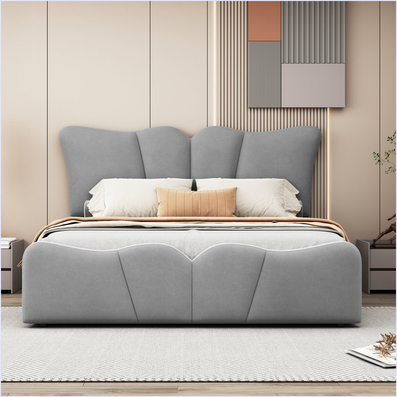 Lit plateforme tapissier en velours, Gris, Lit double