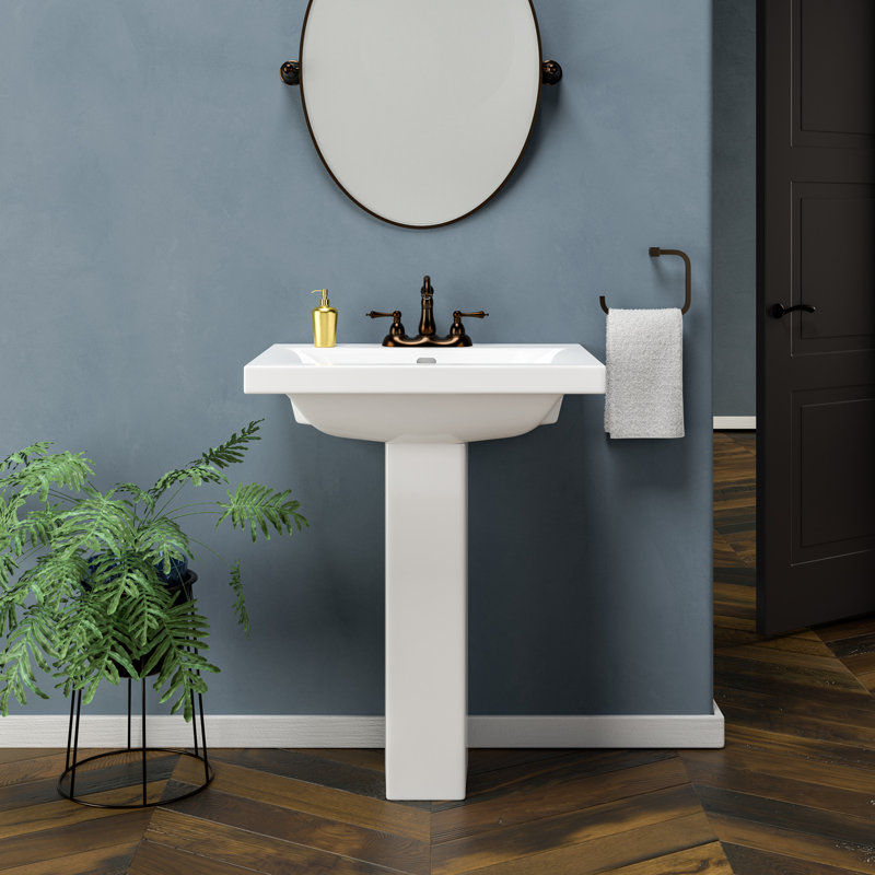 Lavabo de salle de bain piédestal rectangulaire en porcelaine vitreuse avec trop-plein Mistral, 4" Centres