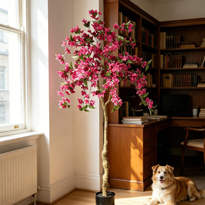 Bougainvillée artificiel rose foncé de 6 pi avec fleurs et jardinière, grande plante artificielle réaliste de 72 pouces pour la décoration intérieure d'un centre commercial avec porche, cadeau de pendaison de crémaillère