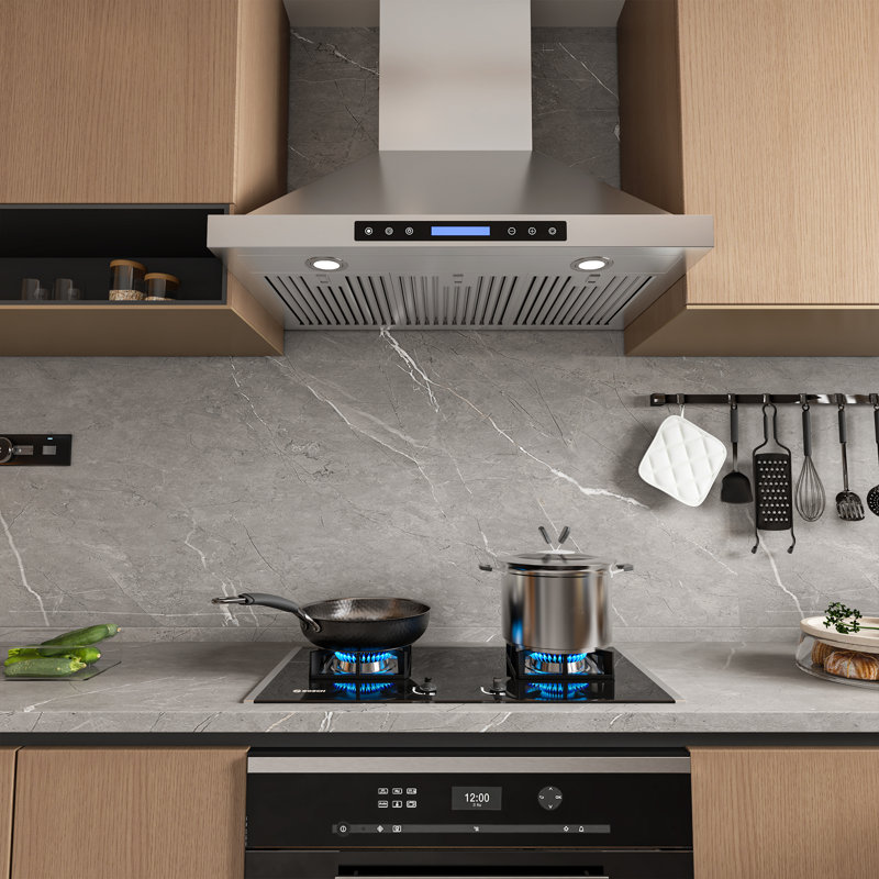 36 inch 900 CFM Convertible Wall Mount Range Hood 4 Speed Quiet Stainless Steel Remote and Touch Panel Control with LED Lights