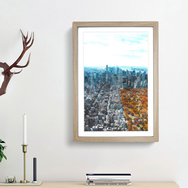 The New York Skyline with Central Park - Picture Frame Painting Print, 33cm H x 24cm W x 2cm D, Oak Framed