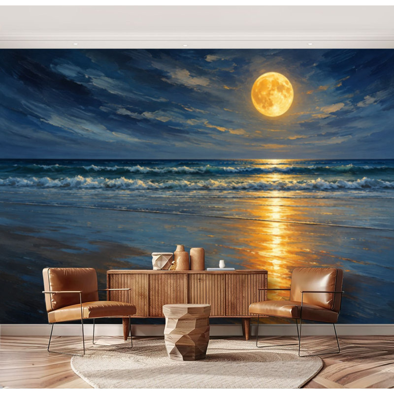 Papier peint auto-adhésif, lune, océan, paysage, paysage, photo sur toile Room Home Cor, H 69 po x l 96 po