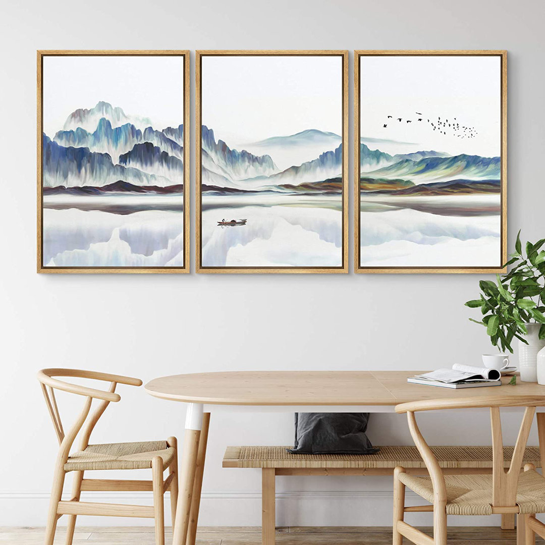 Abstract Landscape Boat In Lake Mountain Nature Landscape Modern Pictures Framed Canvas 3 Piece Painting Print Wall Art IDEA4WALL Frame 